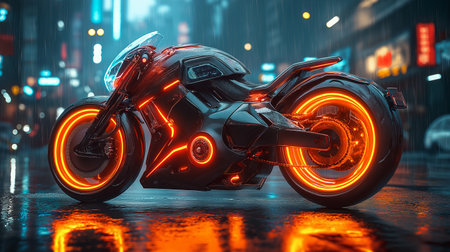 A sleek, futuristic motorcycle glows with vibrant orange neon lights, reflecting on the wet pavement of a bustling city street. The image captures a rainy night in a cyberpunk-inspired urban setting, with blurred neon signs in the background adding depth and atmosphere. The dramatic lighting and sharp details highlight the high-tech design, evoking a sense of innovation and adventure.の素材