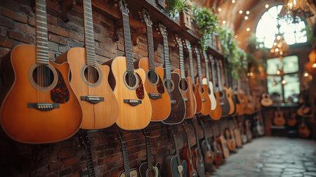 A cozy, rustic guitar shop is lined with an array of acoustic guitars hanging against an exposed brick wall, bathed in warm, ambient lighting. The perspective creates a vanishing point effect, drawing the eye toward a large arched window at the back, adorned with hanging plants and glowing chandeliers, enhancing the inviting atmosphere.の素材