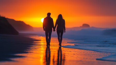 A couple walks hand in hand along a serene beach, silhouetted against a vibrant orange sunset. The waves gently lap at their feet, and their reflections stretch across the wet sand. The atmosphere is peaceful and intimate, capturing a moment of connection as day transitions into night.の素材