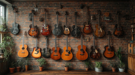 A collection of various electric and acoustic guitars hangs meticulously on a rustic brick wall. Natural light from a nearby window highlights the wood textures and rich colors of the instruments, creating a warm, inviting ambiance. Potted plants below add a touch of greenery to the musical display, enhancing the relaxed, artistic atmosphere.の素材