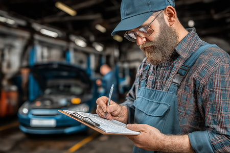 auto mechanic in uniform writing on clipboard while checking car in auto repair shopの素材