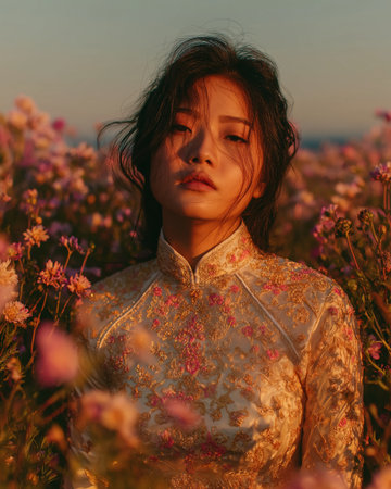 Beautiful asian girl in a field of pink flowers at sunsetの素材