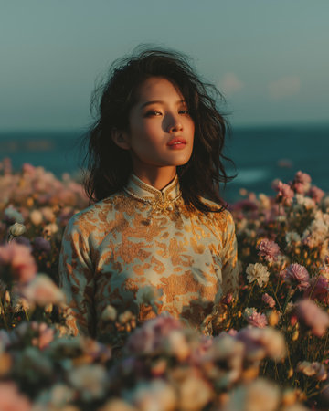 Beautiful Asian woman in a flower field at sunset time.の素材
