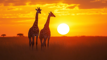 Giraffes (Giraffa camelopardalis) at sunset in Africaの素材