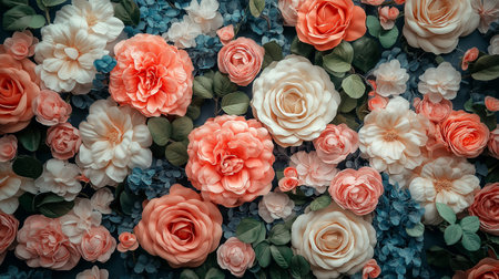 Floral background with pink and orange roses, vintage toned.の素材