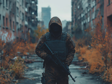 Armed man with a machine gun in the city. Military conceptの素材