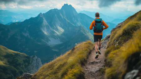 Athletic man running on mountain trail. Sport and fitness conceptの素材