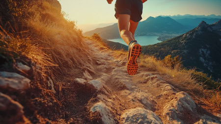 Runner athlete running on mountain trail. woman fitness jogging workout wellness concept.の素材