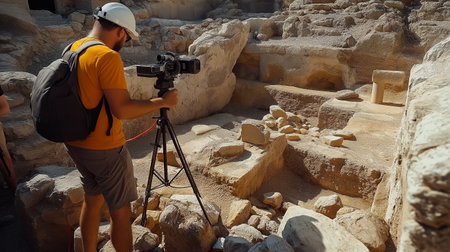 Photographer taking photo of the ancient ruins of Giza, Egyptの素材