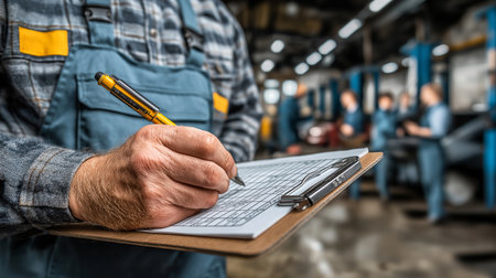Worker writing on clipboard in factory. Selective focus. industrial backgroundの素材