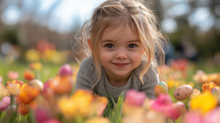 Adorable little girl with tulip flowers and colorful easter eggsの素材