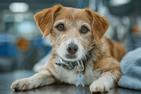 A small, mixed-breed terrier with reddish-brown and white fur lies comfortably on a stainless steel veterinary table. The dog wears a collar with a silver awareness ribbon pendant, symbolizing a connection to a cause. The background is softly blurred, suggesting a clinical setting with neutral tones and soft lighting, creating a calm and attentive atmosphere.の素材