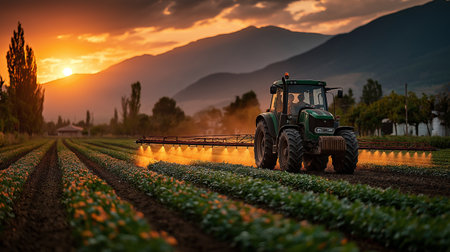 A green tractor is actively spraying crops in a meticulously lined agricultural field at sunset. The warm, golden glow from the setting sun casts elongated shadows over the vibrant greenery and highlights the machine's intricate details, set against a backdrop of towering mountains and scattered trees. The atmosphere is serene yet industrial, capturing the essence of rural life during a tranquil early evening in late summer.の素材