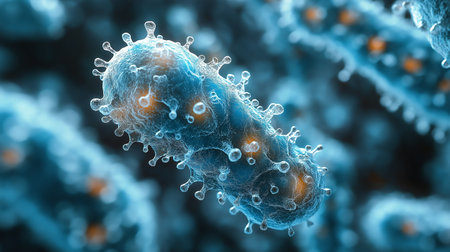 This highly detailed digital illustration showcases a close-up of bacteria with a striking blue and orange color scheme. The bacteria are depicted with intricate surface textures and spiky protrusions, floating in a blurred background that emphasizes their vivid details. The scene conveys a sense of scientific exploration, capturing the complexity and beauty of microscopic life.の素材