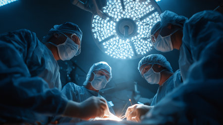 A team of surgeons in blue scrubs and masks work under bright surgical lights in an operating room. The focused expressions and precise hand movements create a tense yet collaborative atmosphere, with the cool blue lighting enhancing the clinical setting. The overhead perspective emphasizes the coordinated effort, capturing the critical moment of surgery.の素材