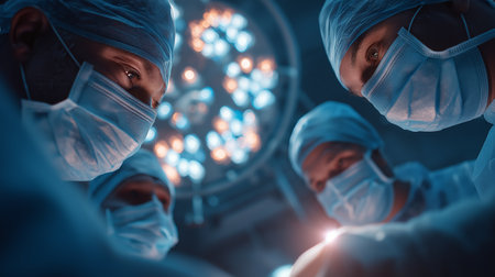 A group of surgeons, clad in blue surgical gowns and masks, work intently under a bright surgical light. The scene captures their focused expressions illuminated by the cool blue and white lighting, creating a dramatic and intense atmosphere in the sterile operating room. The camera angle from below emphasizes the seriousness and concentration required in this life-saving procedure.の素材