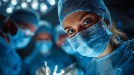 A close-up of a surgeon intensely focused during an operation, surrounded by medical staff. The scene is lit by bright surgical lights, casting a cool blue hue over the sterile environment. The atmosphere is tense yet professional, capturing the critical nature of the moment.の素材