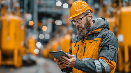 A bearded man wearing an orange hard hat and matching safety jacket stands in an industrial setting, focused on a tablet. The background is a blur of machinery in warm orange hues, creating a dynamic industrial atmosphere. The image captures a moment of concentration and modern technology in a manufacturing environment.の素材
