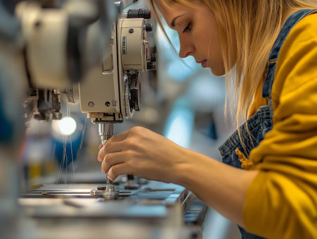A young woman in a mustard yellow sweater and denim overalls is intently working at an industrial sewing machine. The image captures her concentration as she adjusts the machine, with spools of thread and fabric in the foreground. The setting is a brightly lit workshop, with a shallow depth of field highlighting the subject against a blurred background of sewing equipment.の素材