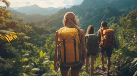 Back view of a group of hikers with backpacks walking on a mountain trailの素材