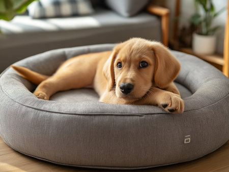 Cute Golden Retriever puppy lying on beanbag at homeの素材