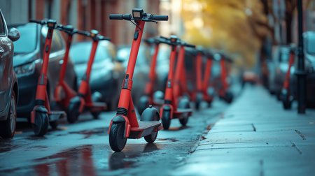 Electric scooters parked in the city, close-up view.の素材