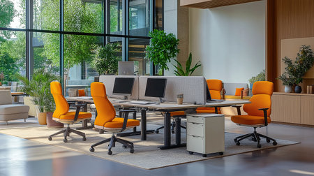 Modern office interior design with orange armchairs, table and computer monitorsの素材