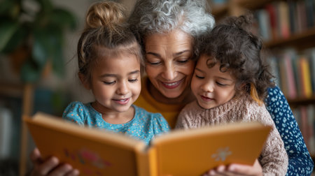 Grandmother reading book with her granddaughters. Selective focus on bookの素材