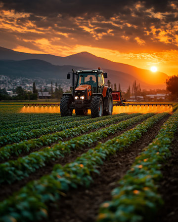 Peanut field with tractor at sunset in Tuscany, Italyの素材