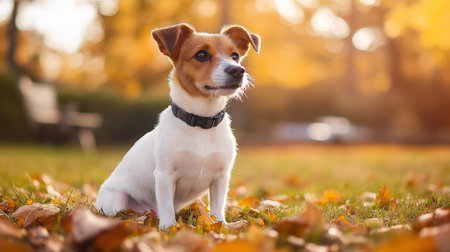 Jack russell terrier dog sitting on autumn leaves in park.の素材