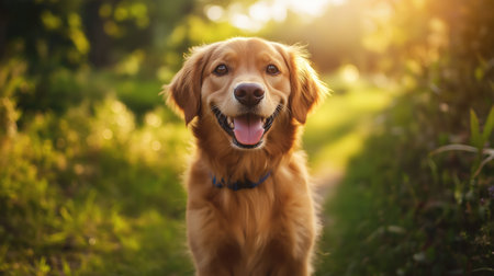 Cute golden retriever dog portrait in the park at sunset.の素材