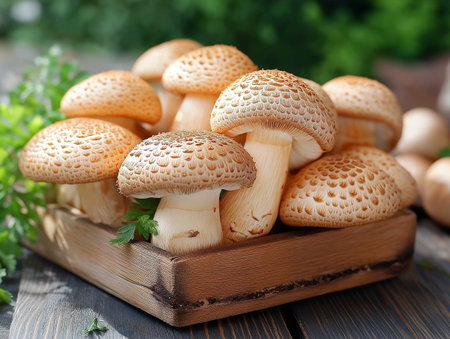 Fresh shimeji mushrooms on a wooden table, food closeupの素材