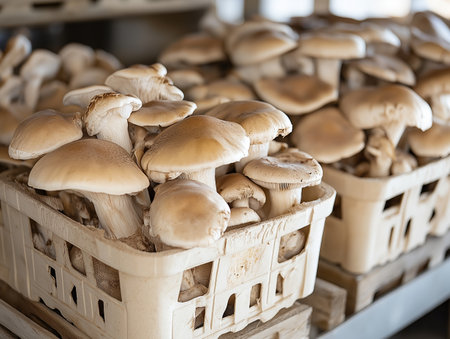 Fresh oyster mushrooms in a wooden box on a shelf in a farmの素材