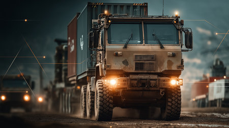 Truck with cargo on the road at night. Cargo transportation concept.の素材