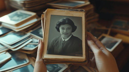 Woman holding vintage photo album, closeup. Retro filtered image.の素材