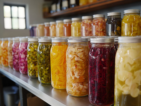 Glass jars with different types of pickled vegetables on the shelf in the storeの素材