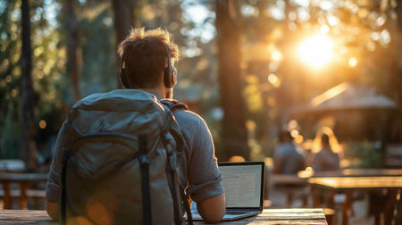 Back view of young man with backpack and laptop sitting at table in outdoor cafe.の素材