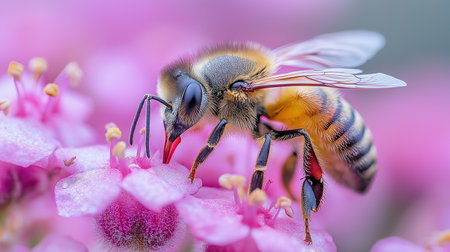 Macro shot of a bee collecting pollen from a pink flower.の素材