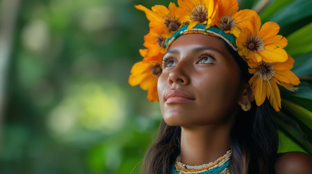 Portrait of a beautiful young woman with flowers in her hair.の素材