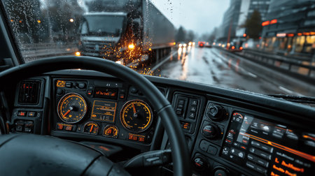 View from the inside of the car on the rain and the highway.の素材