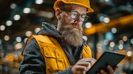 Portrait of a senior engineer in a yellow helmet and jacket using a digital tablet.の素材