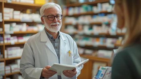 Portrait of senior male pharmacist using digital tablet in drugstoreの素材