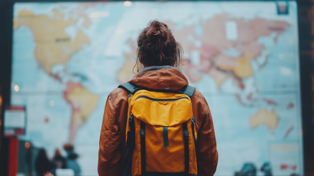 Rear view of a young woman with a backpack looking at the world mapの素材