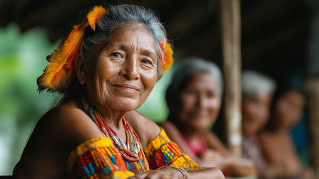 Portrait of a smiling senior woman with her family in the backgroundの素材