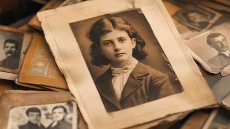 Vintage photo of young woman on the background of old photos.の素材