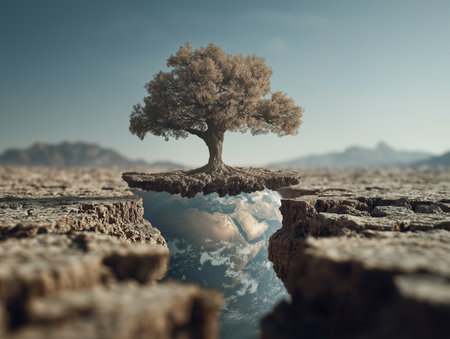Lonely tree on cracked ground. Global warming concept. 3D Renderingの素材