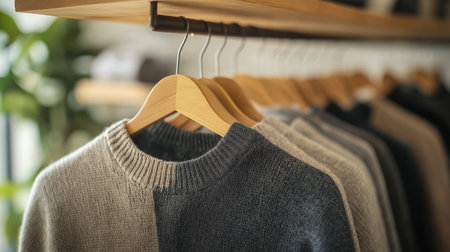 Rack with stylish clothes in boutique, closeup. Space for textの素材