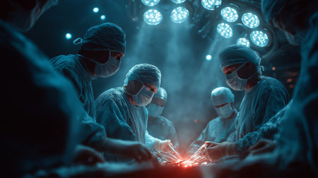 Spinal surgery. Group of surgeons in operating room with surgery equipment.の素材