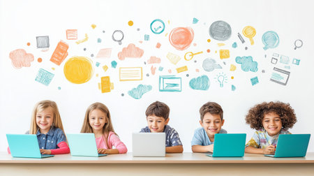 Group of children sitting at the table and using laptops with social media iconsの素材