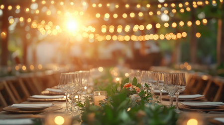 Wedding Banquet table setting with beautiful bokeh lightsの素材